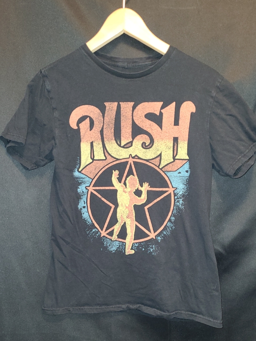 Rush Band Graphic Tee - Black with Yellow, Orange & Blue Print Size Small 2023